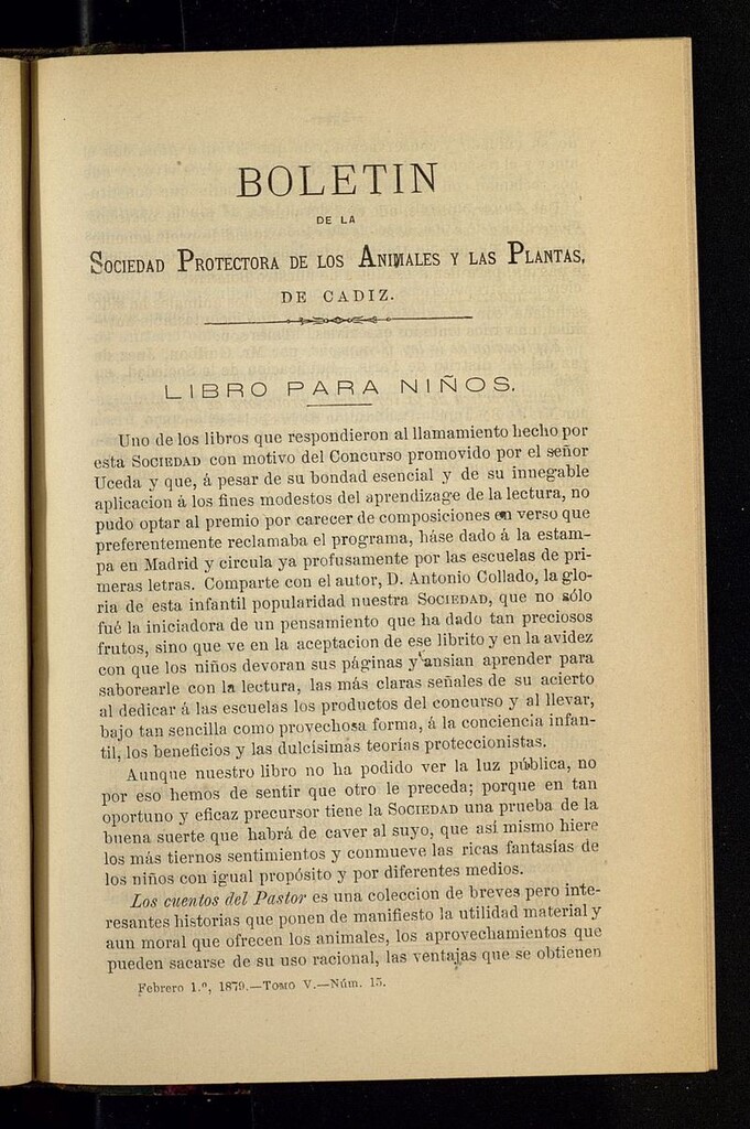 Miniatura de Boletín de la Sociedad Protectora de los Animales y las Plantas de Cádiz del 1 de febrero de 1879, nº 15