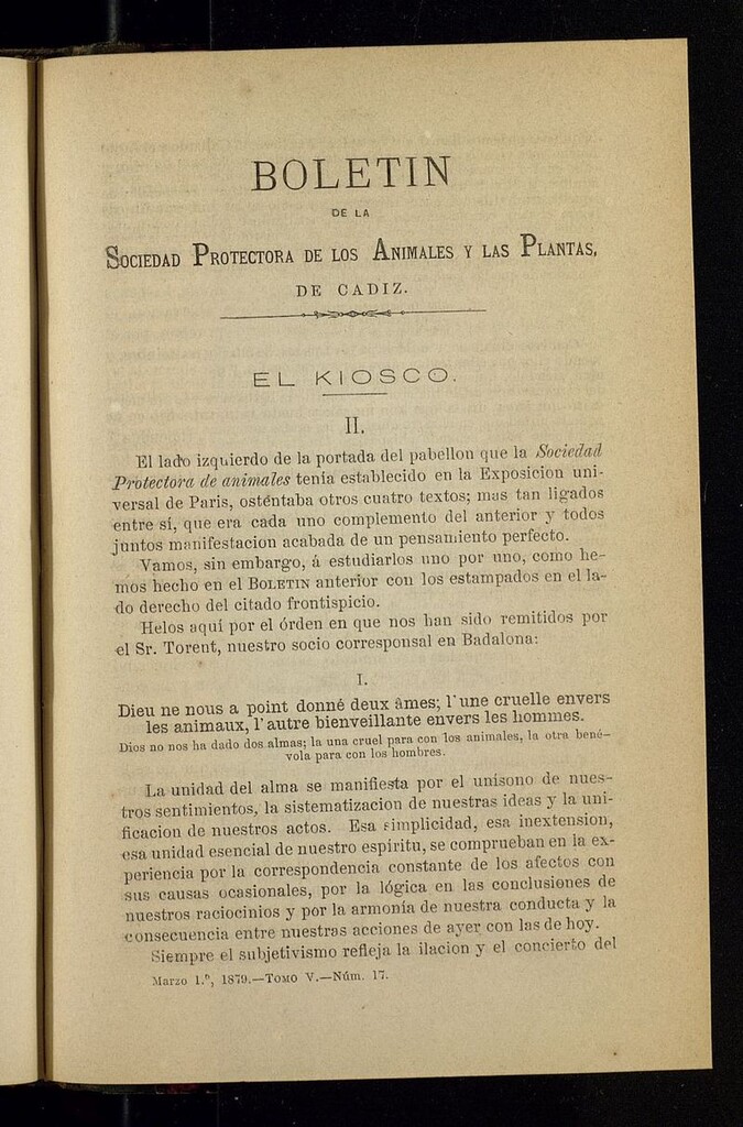 Miniatura de Boletín de la Sociedad Protectora de los Animales y las Plantas de Cádiz del 1 de marzo de 1879, nº 17