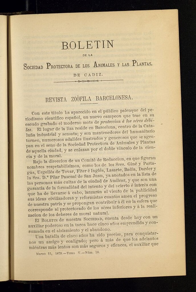 Miniatura de Boletín de la Sociedad Protectora de los Animales y las Plantas de Cádiz del 15 de marzo de 1879, nº 18