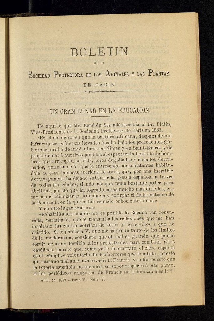 Miniatura de Boletín de la Sociedad Protectora de los Animales y las Plantas de Cádiz del 15 de abril de 1879, nº 20