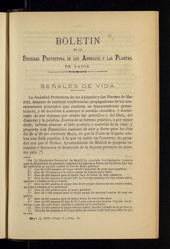 Miniatura de Boletín de la Sociedad Protectora de los Animales y las Plantas de Cádiz del 15 de mayo de 1879, nº 22