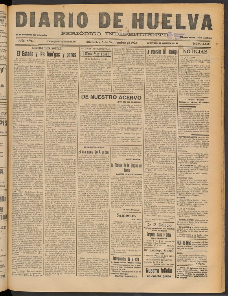 Miniatura de Diario de Huelva : periódico independiente del 5 de septiembre de 1923