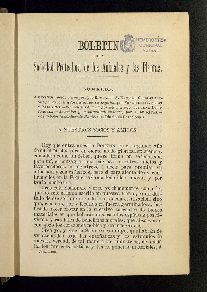 Miniatura de Boletín de la Sociedad Protectora de los Animales y las plantas de Cádiz de julio de 1875