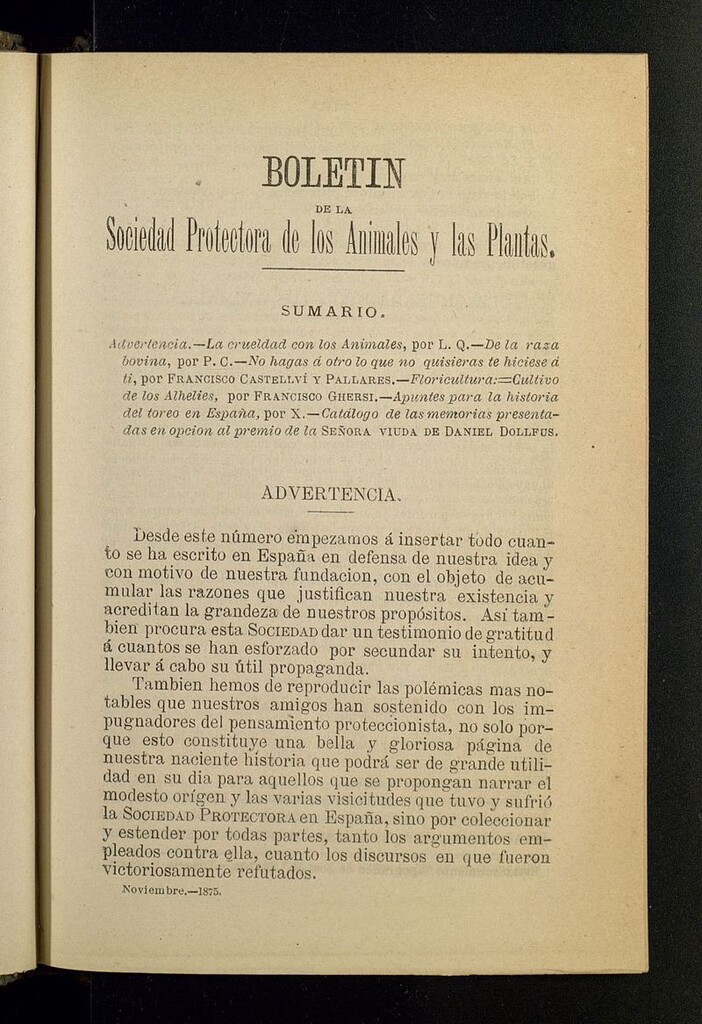 Miniatura de Boletín de la Sociedad Protectora de los Animales y las plantas de Cádiz de noviembre de 1875