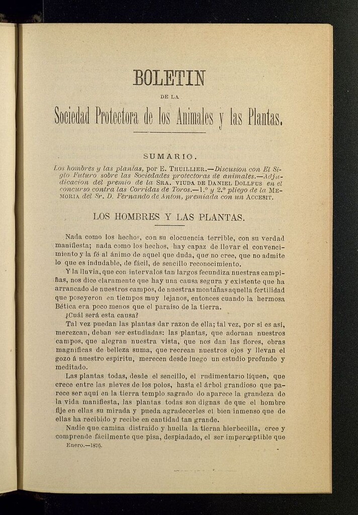 Miniatura de Boletín de la Sociedad Protectora de los Animales y las plantas de Cádiz de enero de 1876