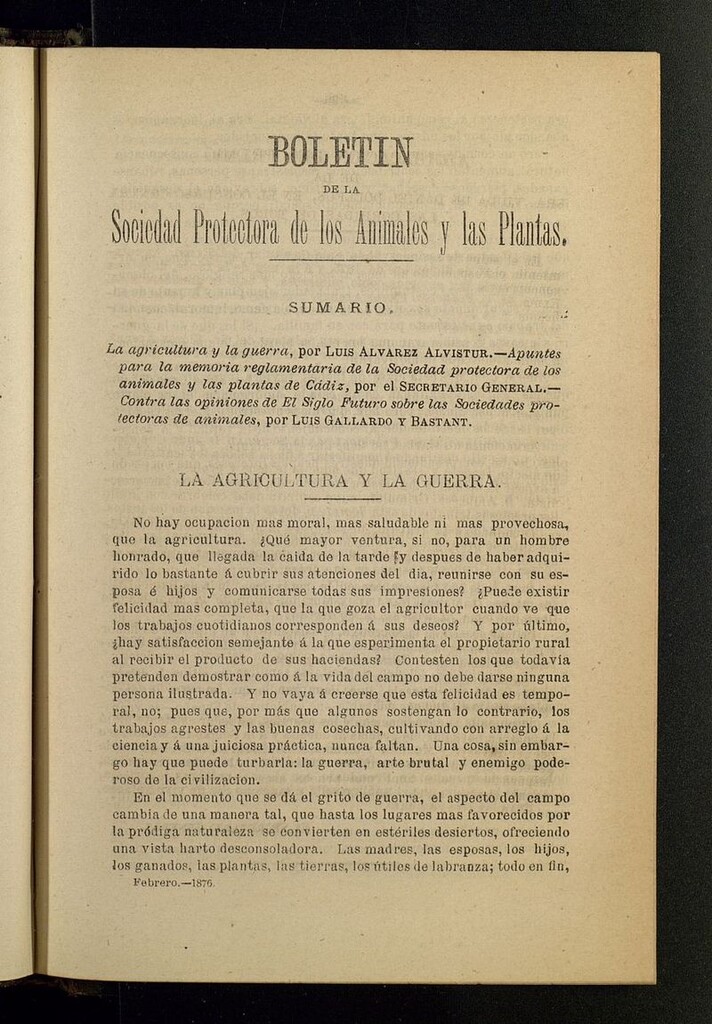 Miniatura de Boletín de la Sociedad Protectora de los Animales y las plantas de Cádiz de febrero de 1876