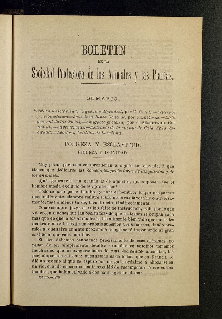 Miniatura de Boletín de la Sociedad Protectora de los Animales y las plantas de Cádiz de marzo de 1876