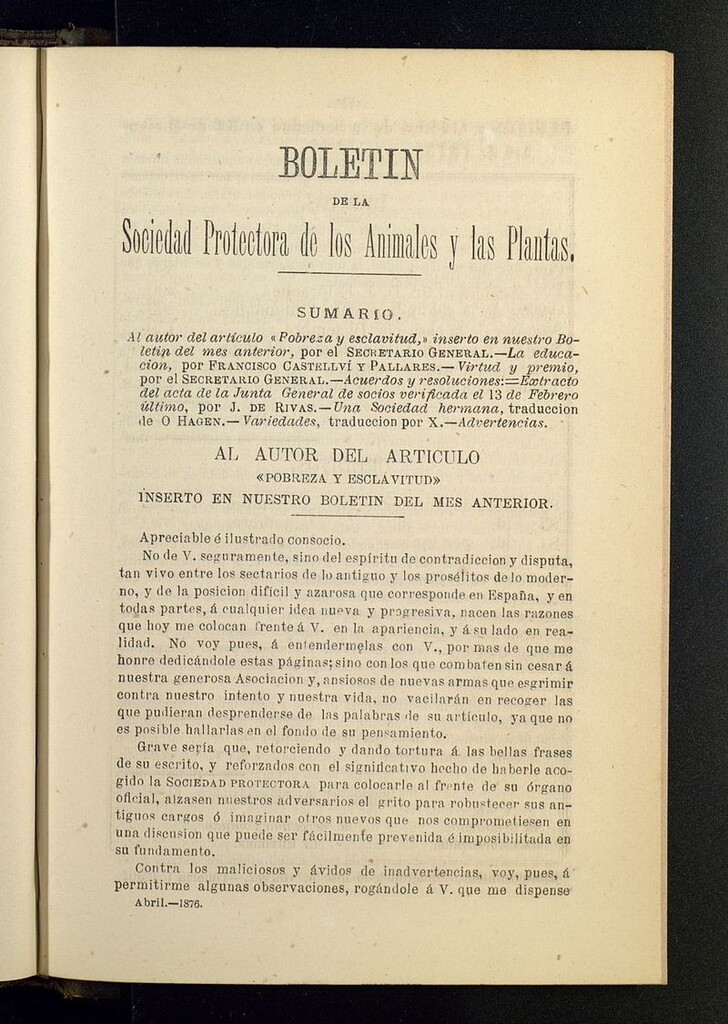 Miniatura de Boletín de la Sociedad Protectora de los Animales y las plantas de Cádiz de abril de 1876