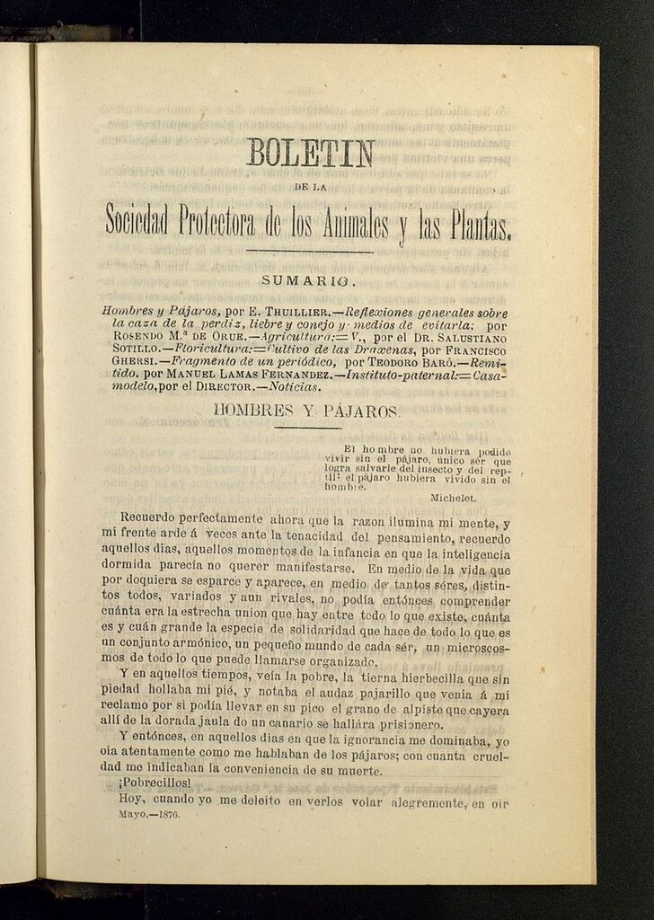 Miniatura de Boletín de la Sociedad Protectora de los Animales y las plantas de Cádiz de mayo de 1876
