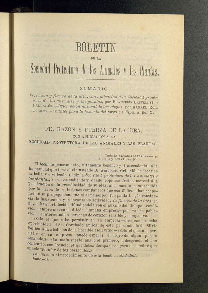 Miniatura de Boletín de la Sociedad Protectora de los Animales y las plantas de Cádiz de junio de 1876