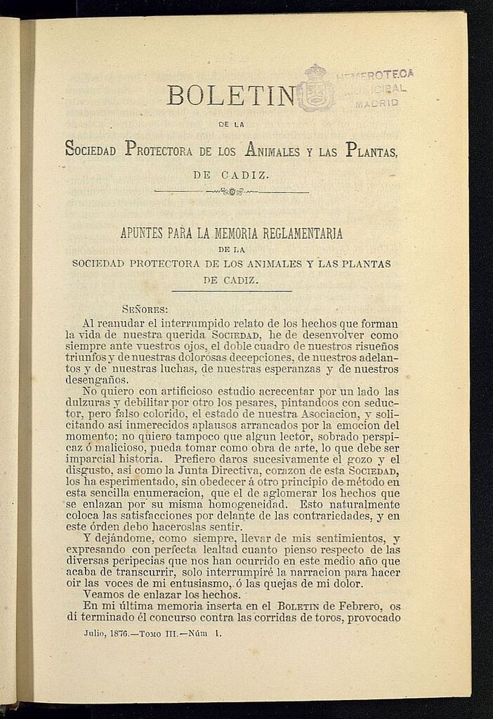 Miniatura de Boletín de la Sociedad Protectora de los Animales y las plantas de Cádiz de julio de 1876