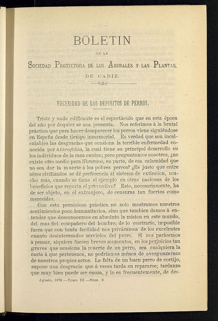 Miniatura de Boletín de la Sociedad Protectora de los Animales y las plantas de Cádiz de agosto de 1876