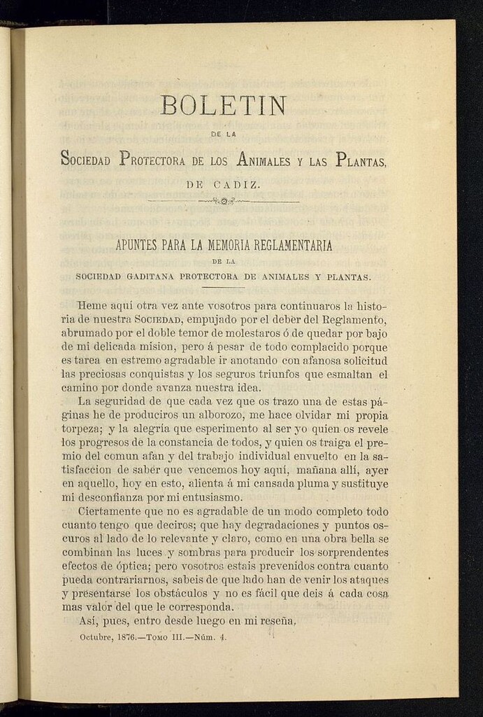 Miniatura de Boletín de la Sociedad Protectora de los Animales y las plantas de Cádiz de octubre de 1876