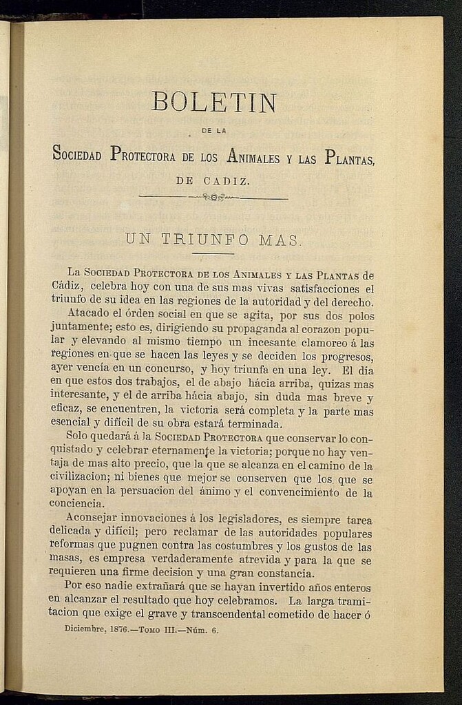 Miniatura de Boletín de la Sociedad Protectora de los Animales y las plantas de Cádiz de diciembre de 1876