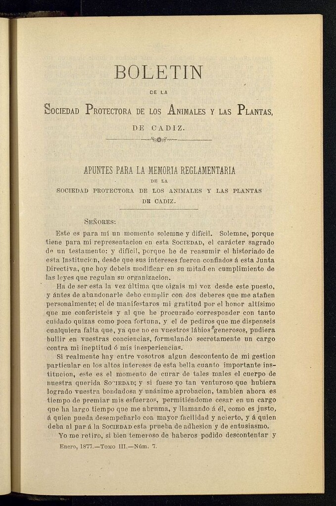 Miniatura de Boletín de la Sociedad Protectora de los Animales y las plantas de Cádiz de enero de 1877