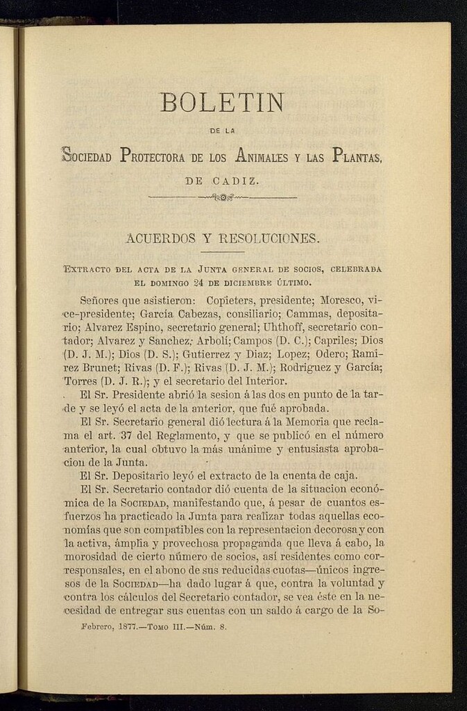 Miniatura de Boletín de la Sociedad Protectora de los Animales y las plantas de Cádiz de febrero de 1877