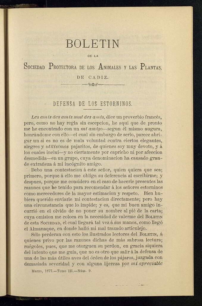 Miniatura de Boletín de la Sociedad Protectora de los Animales y las plantas de Cádiz de marzo de 1877