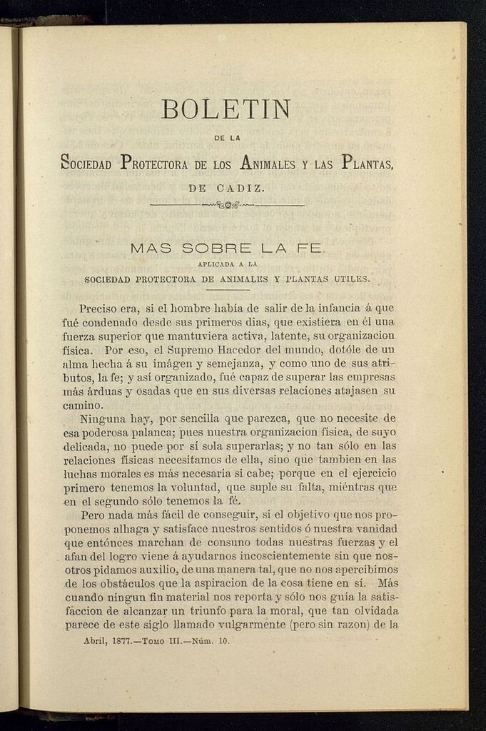 Miniatura de Boletín de la Sociedad Protectora de los Animales y las plantas de Cádiz de abril de 1877