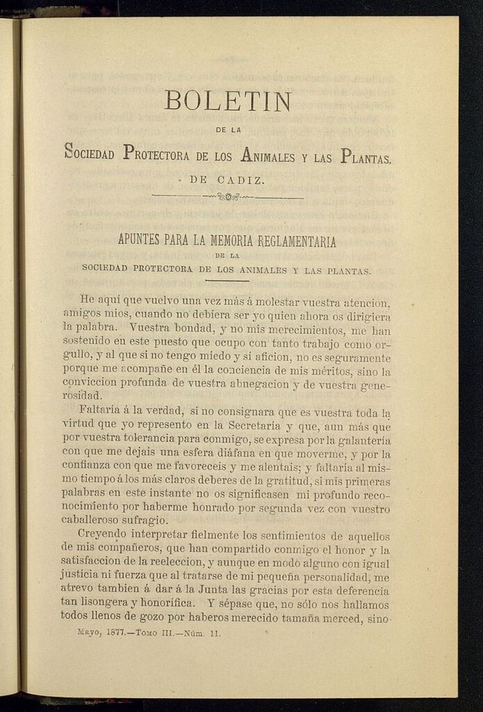 Miniatura de Boletín de la Sociedad Protectora de los Animales y las plantas de Cádiz de mayo de 1877