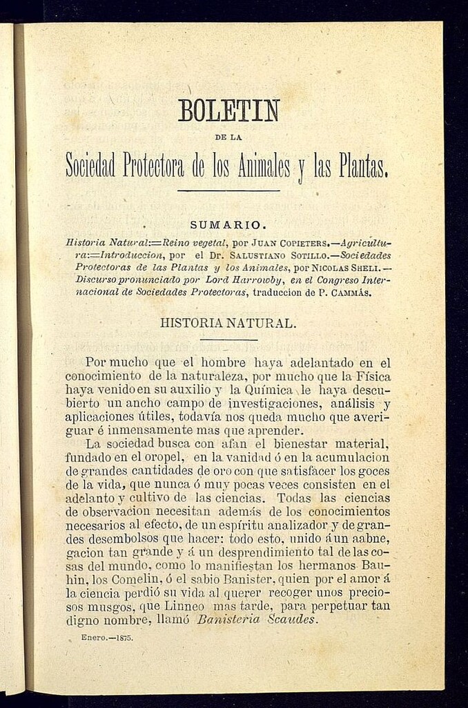 Miniatura de Boletín de la Sociedad Protectora de los Animales y las plantas de Cádiz de enero de 1875
