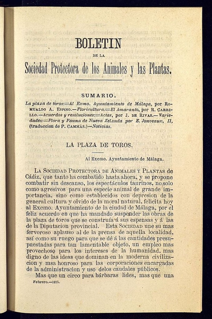 Miniatura de Boletín de la Sociedad Protectora de los Animales y las plantas de Cádiz de febrero de 1875