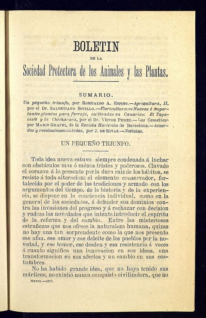 Miniatura de Boletín de la Sociedad Protectora de los Animales y las plantas de Cádiz de marzo de 1875