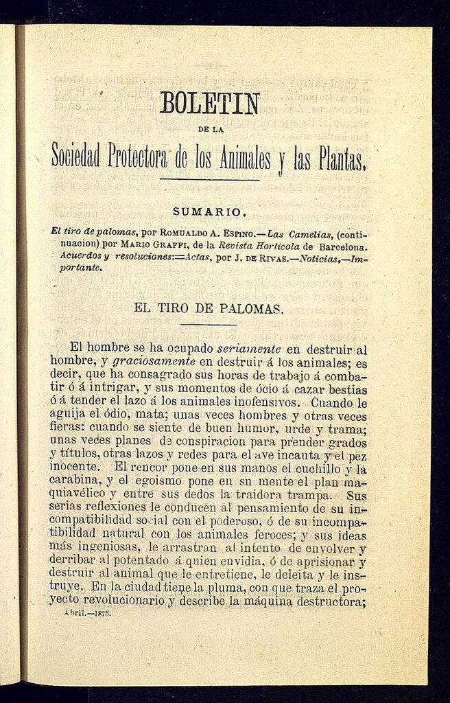 Miniatura de Boletín de la Sociedad Protectora de los Animales y las plantas de Cádiz de abril de 1875