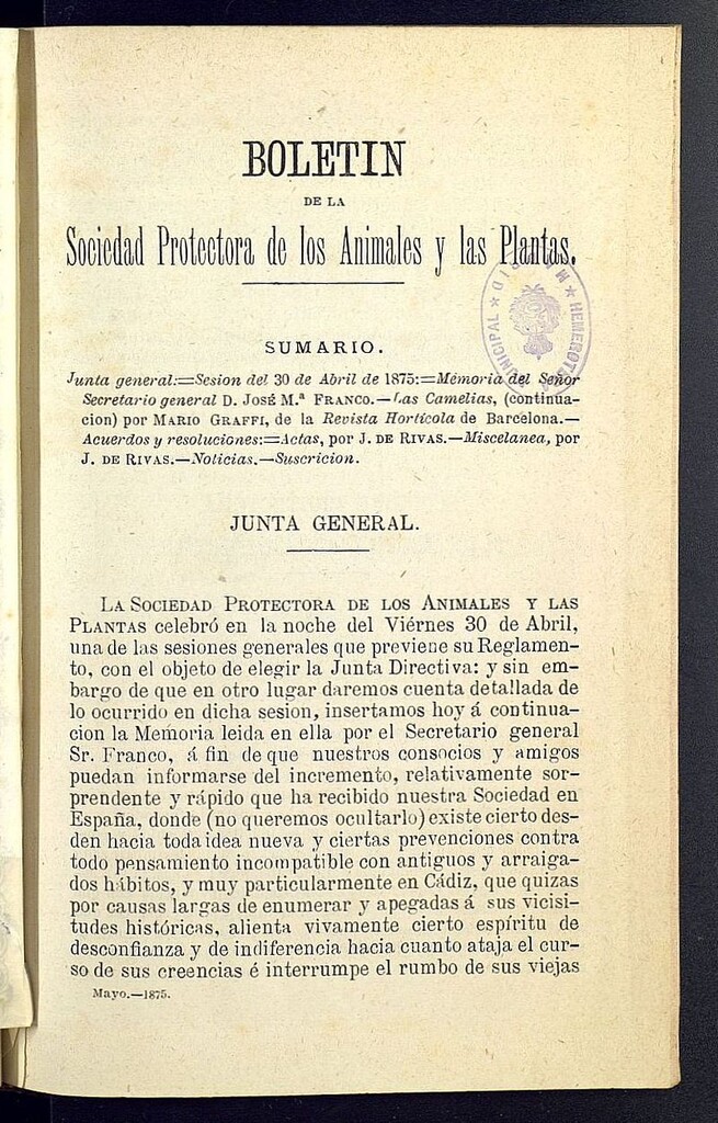 Miniatura de Boletín de la Sociedad Protectora de los Animales y las plantas de Cádiz de mayo de 1875