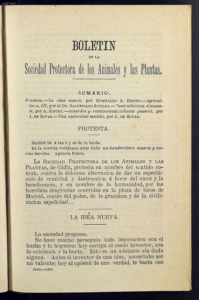 Miniatura de Boletín de la Sociedad Protectora de los Animales y las plantas de Cádiz de junio de 1875