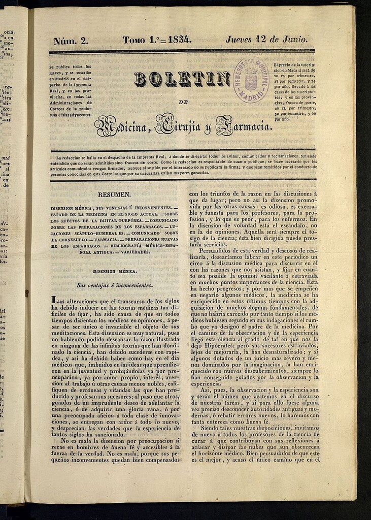 Miniatura de Boletín de Medicina, Cirugía y Farmacia del 12 de junio de 1834