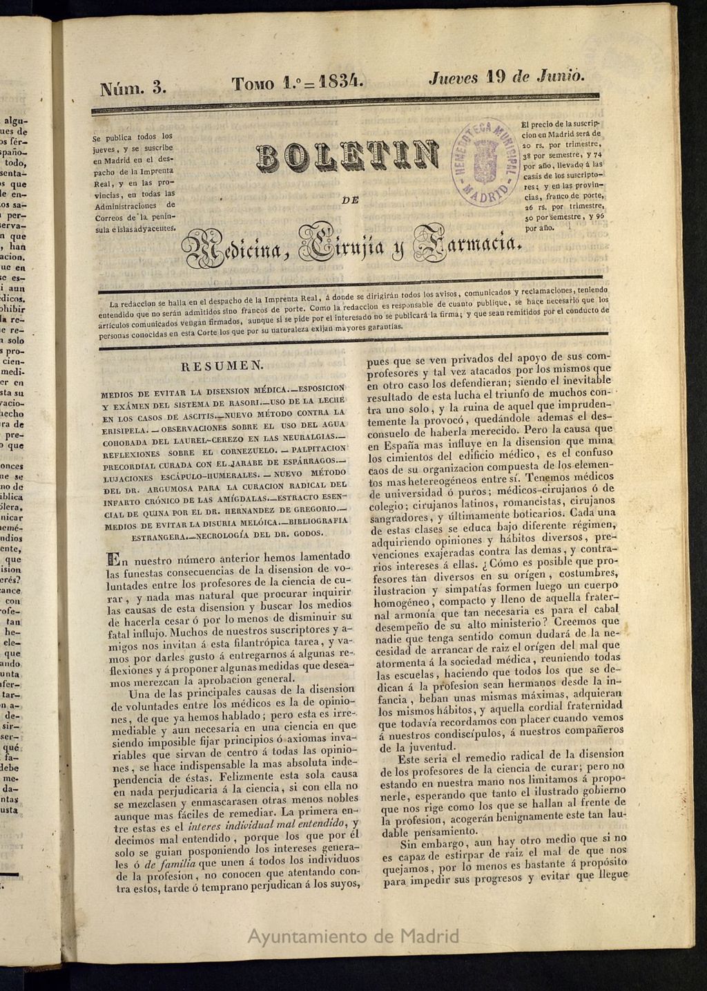Miniatura de Boletín de Medicina, Cirugía y Farmacia del 19 de junio de 1834