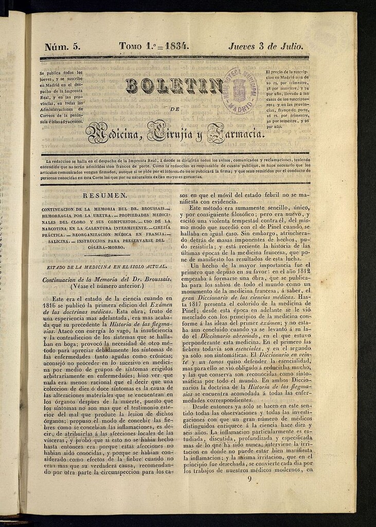 Miniatura de Boletín de Medicina, Cirugía y Farmacia del 3 de julio de 1834