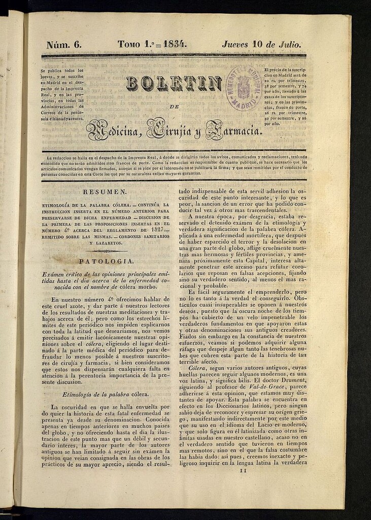 Miniatura de Boletín de Medicina, Cirugía y Farmacia del 10 de julio de 1834