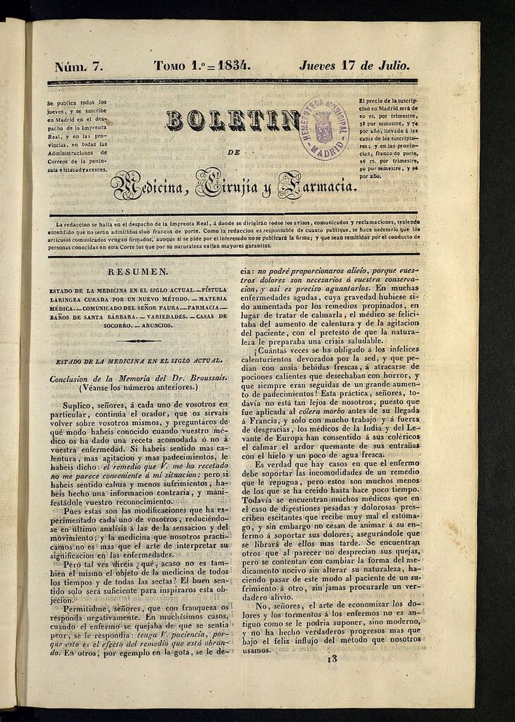 Miniatura de Boletín de Medicina, Cirugía y Farmacia del 17 de julio de 1834
