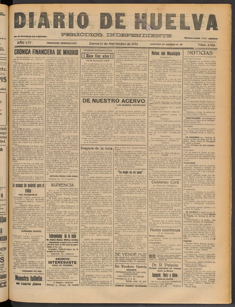 Miniatura de Diario de Huelva : periódico independiente del 13 de septiembre de 1923
