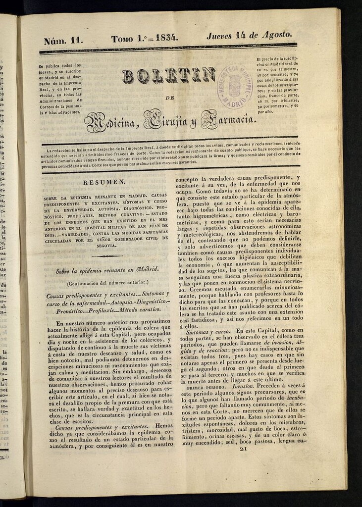 Miniatura de Boletín de Medicina, Cirugía y Farmacia del 14 de agosto de 1834