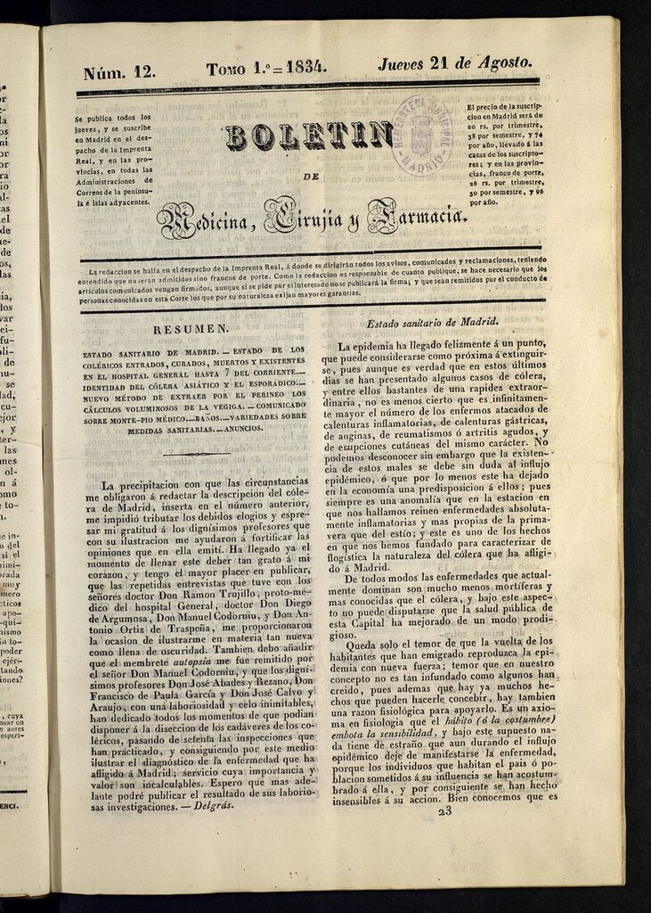 Miniatura de Boletín de Medicina, Cirugía y Farmacia del 21 de agosto de 1834