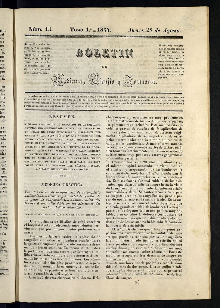 Miniatura de Boletín de Medicina, Cirugía y Farmacia del 28 de agosto de 1834
