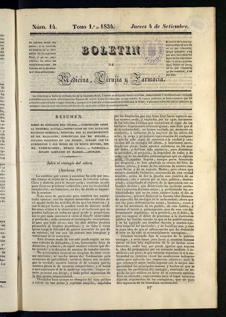 Miniatura de Boletín de Medicina, Cirugía y Farmacia del 4 de septiembre de 1834