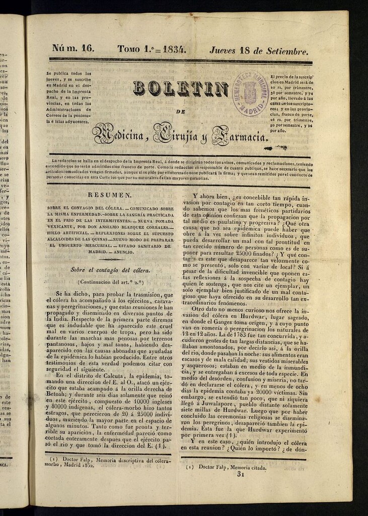 Miniatura de Boletín de Medicina, Cirugía y Farmacia del 18 de septiembre de 1834