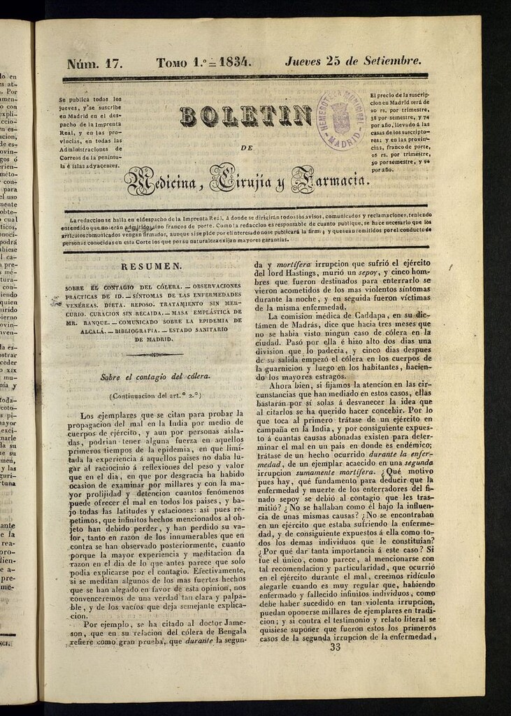 Miniatura de Boletín de Medicina, Cirugía y Farmacia del 25 de septiembre de 1834