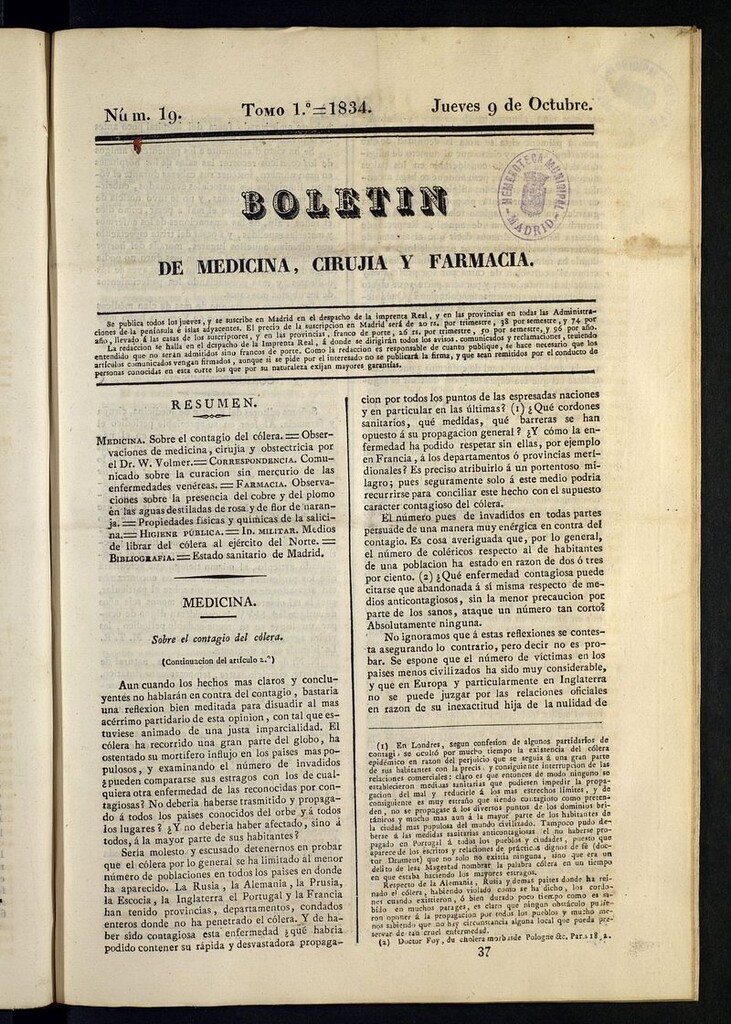 Miniatura de Boletín de Medicina, Cirugía y Farmacia del 9 de octubre de 1834