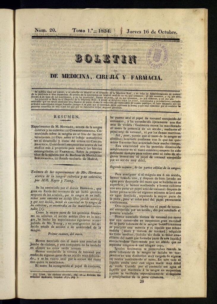 Miniatura de Boletín de Medicina, Cirugía y Farmacia del 16 de octubre de 1834