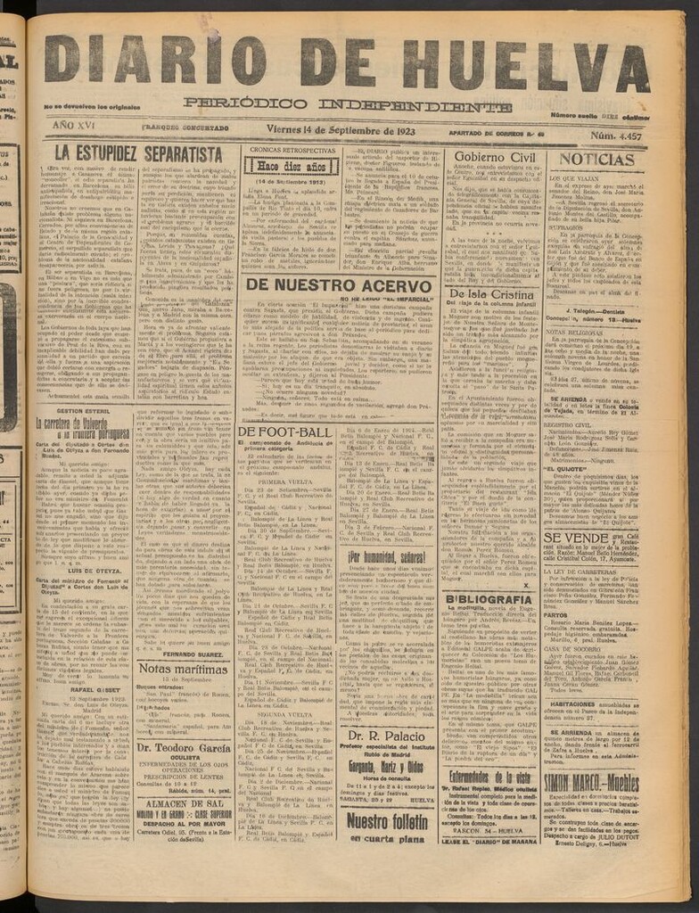 Miniatura de Diario de Huelva : periódico independiente del 14 de septiembre de 1923