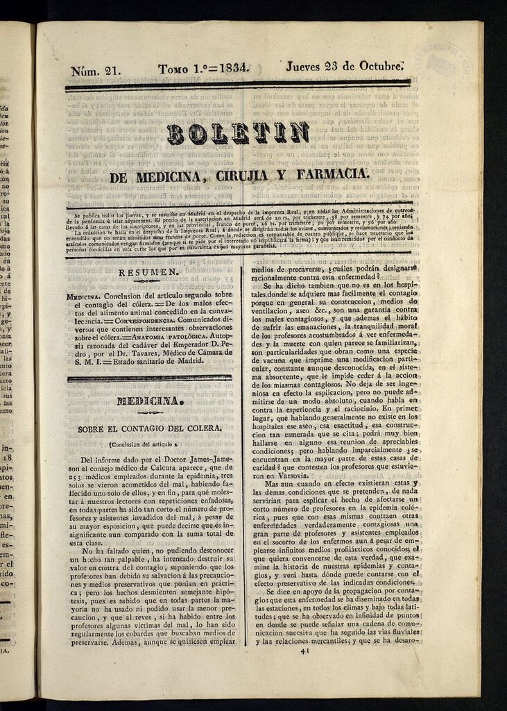 Miniatura de Boletín de Medicina, Cirugía y Farmacia del 23 de octubre de 1834