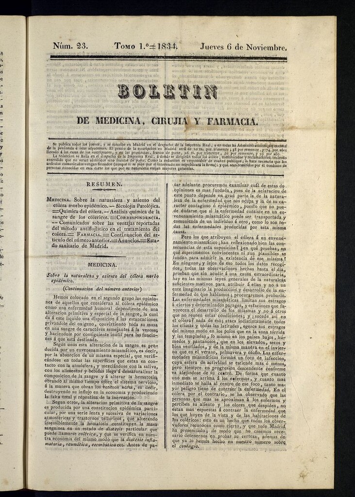 Miniatura de Boletín de Medicina, Cirugía y Farmacia del 6 de noviembre de 1834