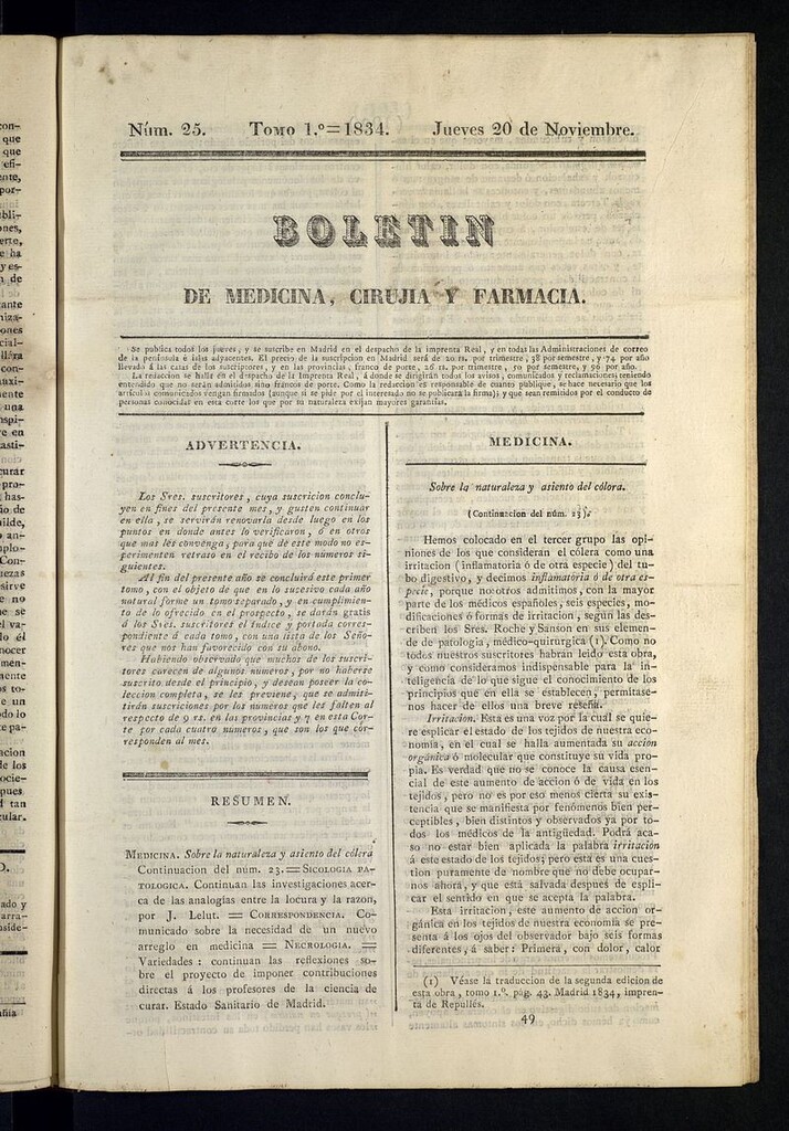 Miniatura de Boletín de Medicina, Cirugía y Farmacia del 20 de noviembre de 1834
