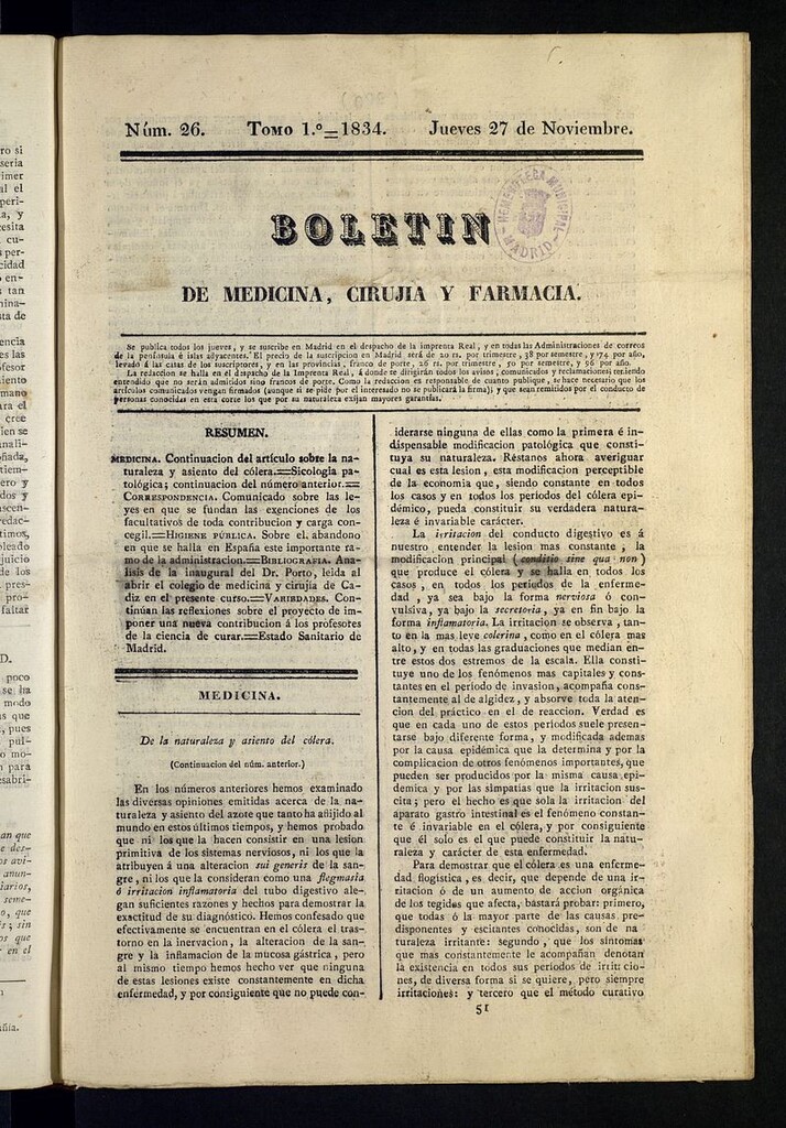 Miniatura de Boletín de Medicina, Cirugía y Farmacia del 27 de noviembre de 1834