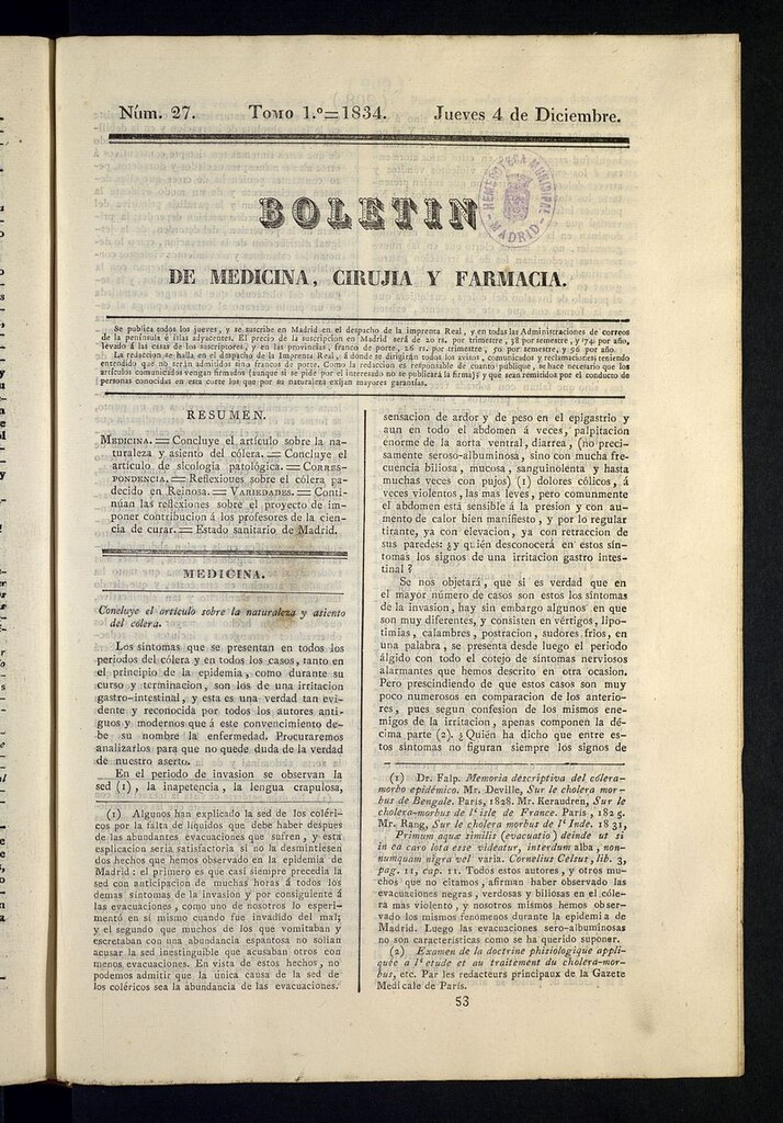 Miniatura de Boletín de Medicina, Cirugía y Farmacia del 4 de diciembre de 1834