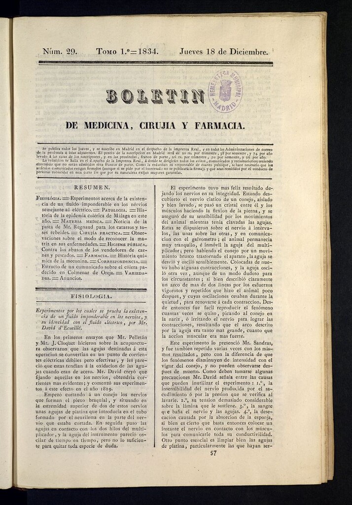 Miniatura de Boletín de Medicina, Cirugía y Farmacia del 18 de diciembre de 1834